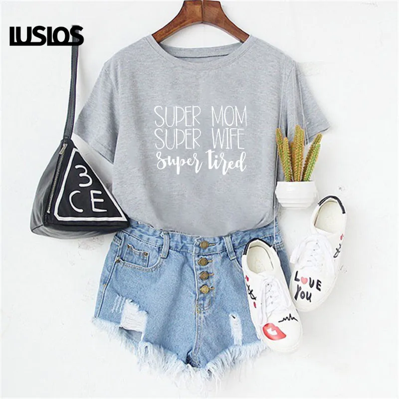 Женская футболка с надписью LUSLOS Super Mom Wife rusty 3 цвета летняя коротким рукавом и