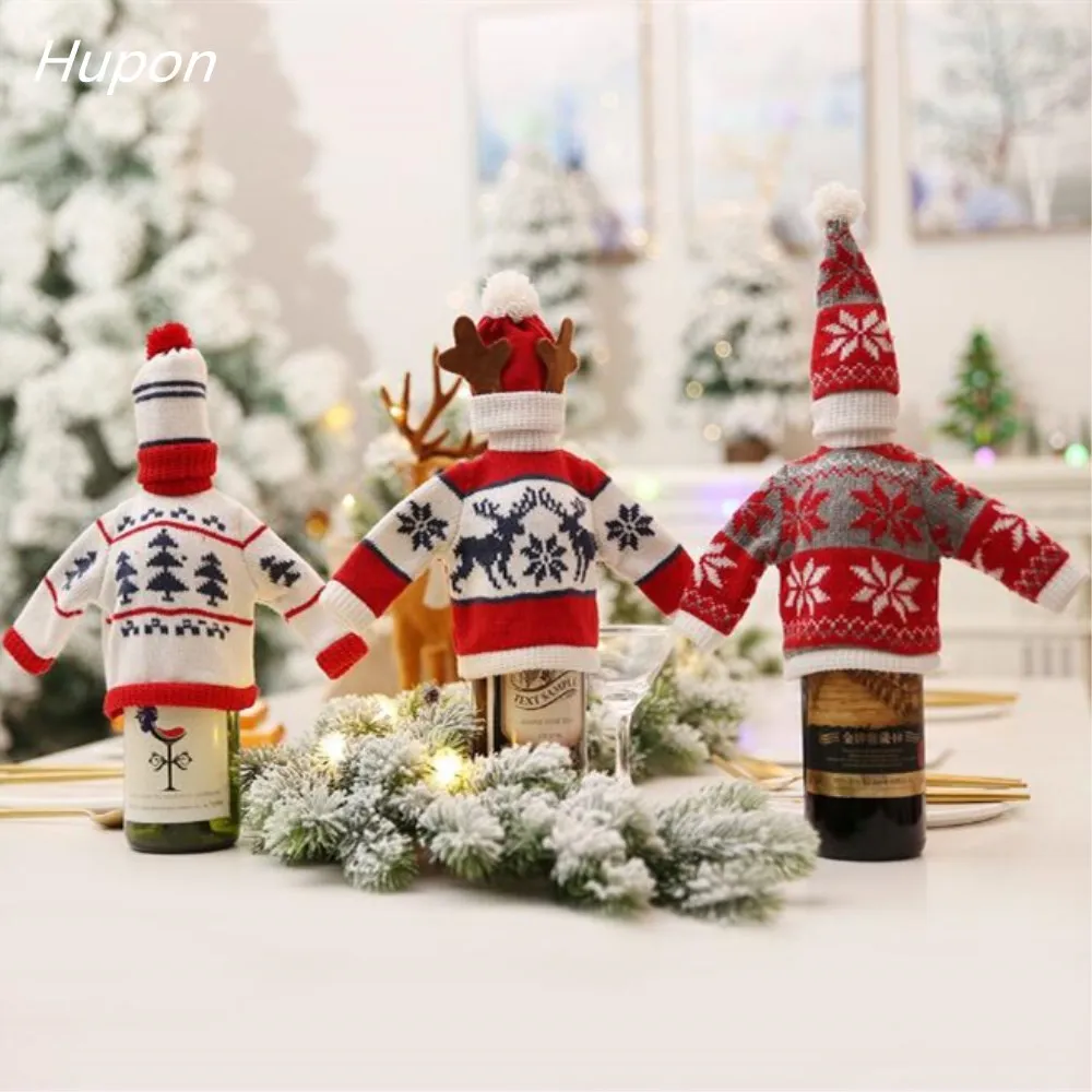 

1set Christmas Red Wine Bottle Covers Clothes with Cap Kitchen Decoration for New Year Christmas Dinner Table Party Decorations