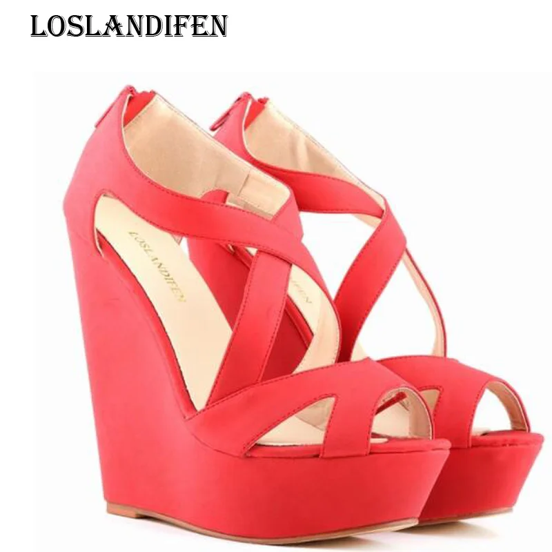 

Loslandifen Plus Size 35-42 Ladies Sexy Gladiator Cross Strap Sandals Women Summer Platform Wedge High Heel Sandals Shoes