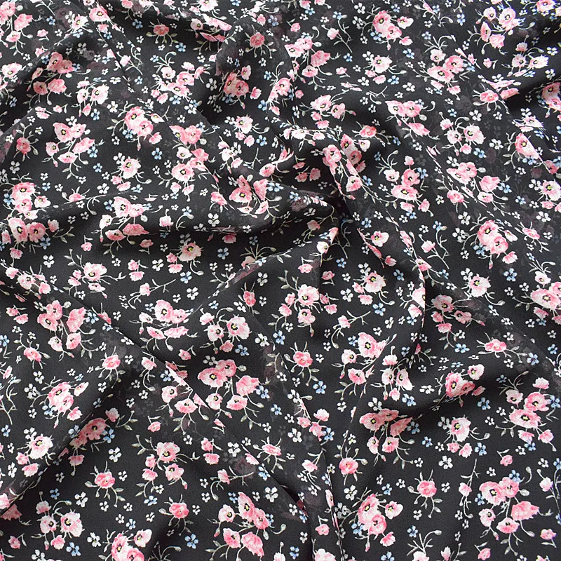 

2019 new high-twist chiffon fabric spring and summer prints fabric black bottom plants small safflower high-grade