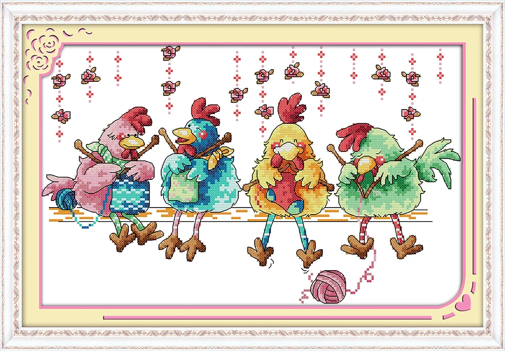 

The chicken knitting a sweater cross stitch kit cartoon bird pattern print canvas stitches embroidery DIY handmade needlework