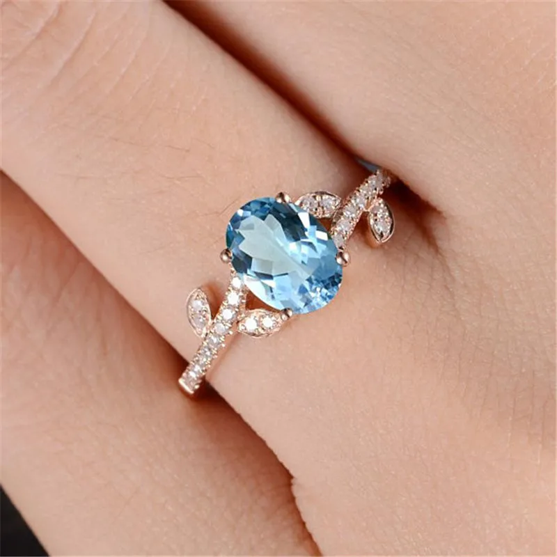 

wholesale Rose Gold Color Engagement Wedding Ring for Women Blue Stone Zircon Finger Ring Fashion Women Jewelry bague femme O4D0