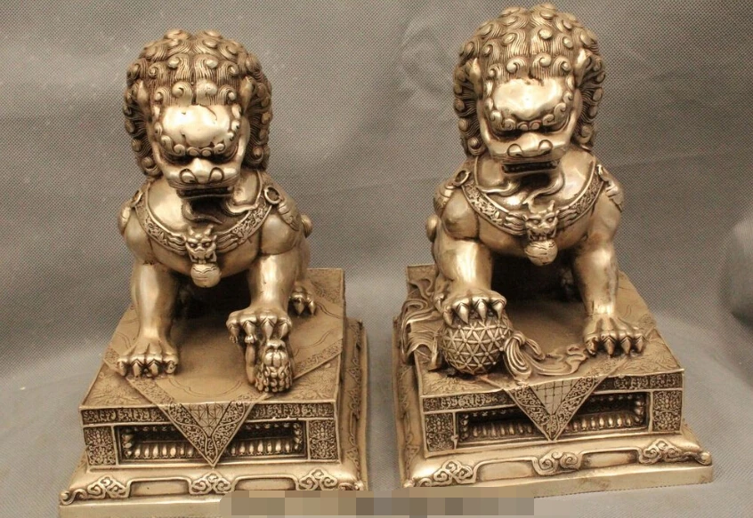 

10" Tibet Buddhism Folk Silver Animal lion Statue