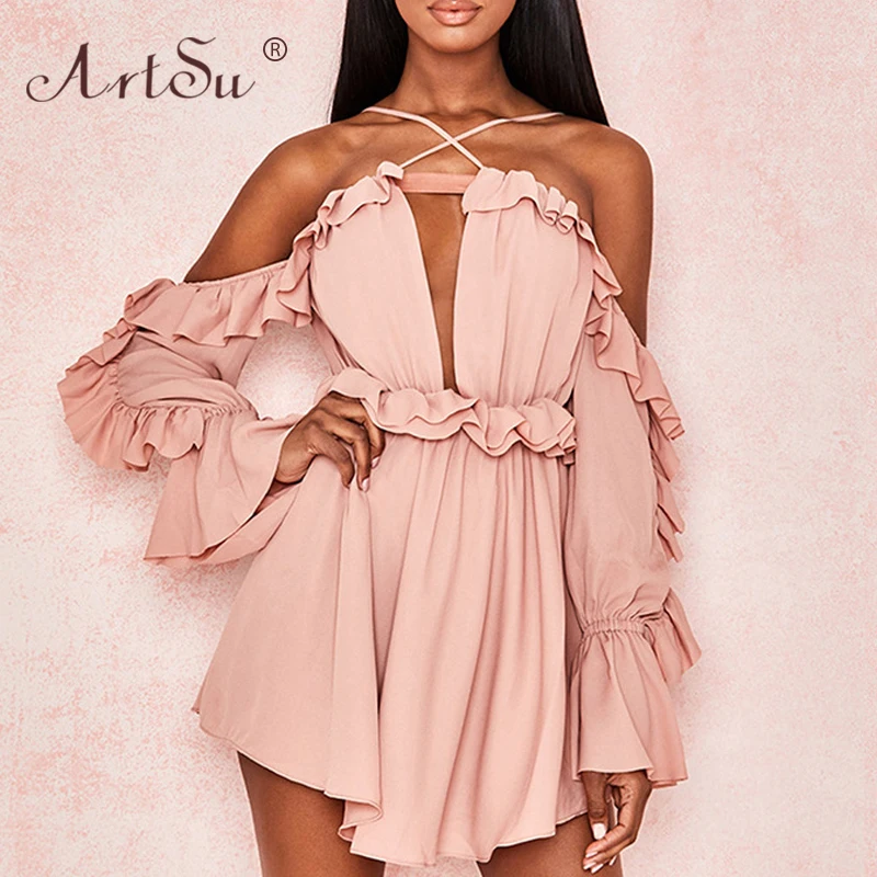 

ArtSu Fashion Pink Off Shoulder Chiffon Summer Dress Women Hollow Out Ruffles Sexy Party Dress Holiday Beach Boho Vestidos 2019