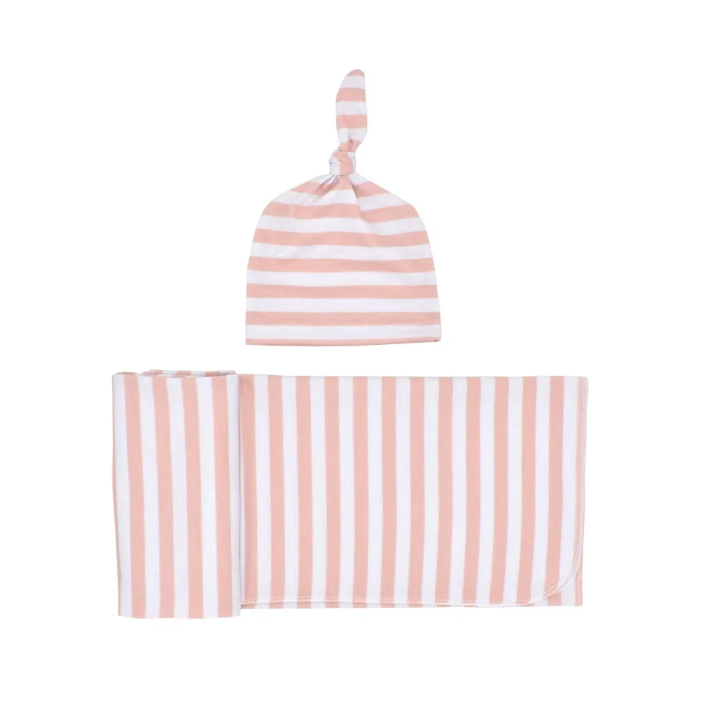Комплект из 2 предметов для новорожденных; накидка для пеленания+ шапка; хлопок; мягкие предметы для новорожденных; одеяло; Модный Полосатый спальный мешок для малышей - Цвет: Розовый