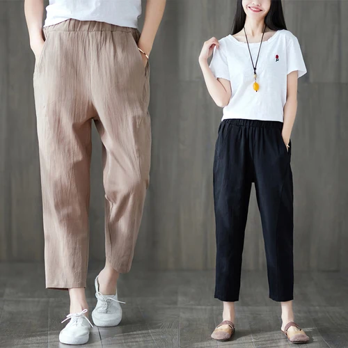 Cotton And Linen Loose Slim Wild Casual Pants For Women Summer Elastic Waist Harem Pants Solid Brief Fashion Capris Pantalones