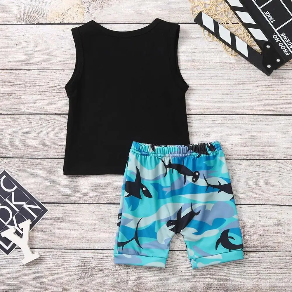 MUQGEW/Одежда для маленьких мальчиков детская футболка с надписью «Акула» и Распашонка с надписью+ шорты комплект летней одежды из 2 предметов для маленьких мальчиков