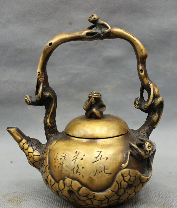 

song voge gem S2765 8" Chinese Bronze Folk Monkey Old HanZi Statue Handle Portable Wine Pot Teapot