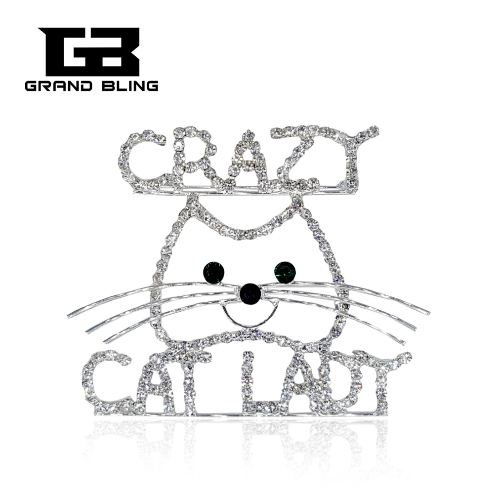 

Full Rhinestone Handmade Jewelry "CRAZY CAT LADY " Brooch Pin with a Cute Cat FREE SHIPPING