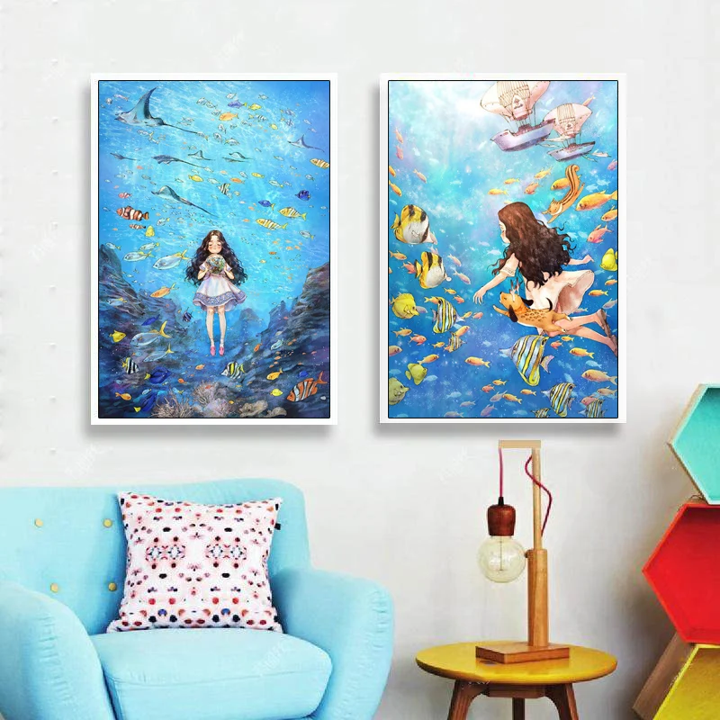 

New Needlework,DMC Color Full Embroidery kit,cartoon sea world angel girls Painted Pattern cross stitch gift home wall decor