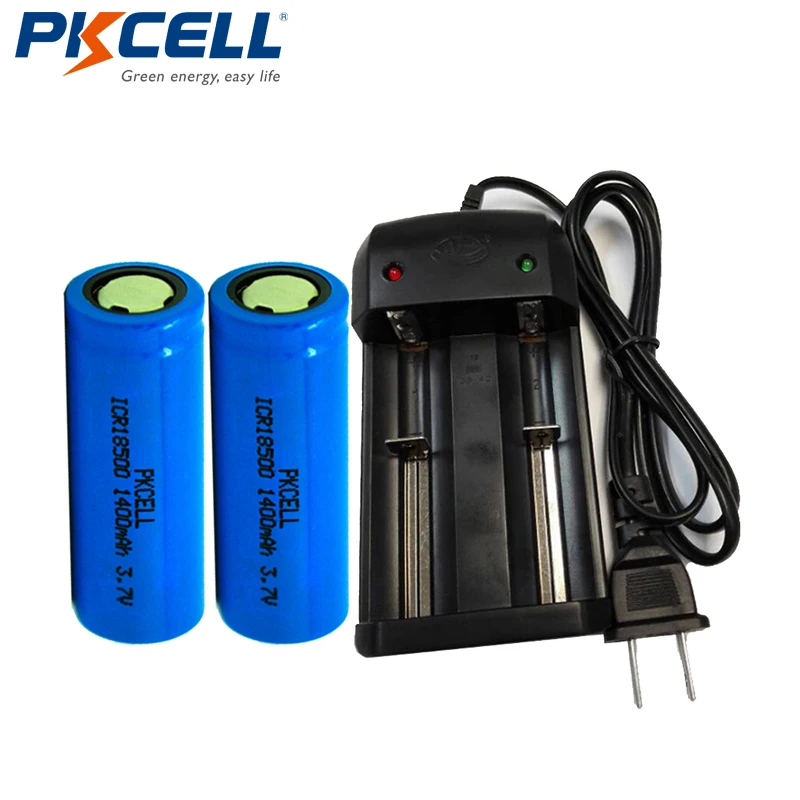 2pcs ICR 18500 Rechargeable Li ion Battery 1400mAh 3.7V + 1PCS Dual ...