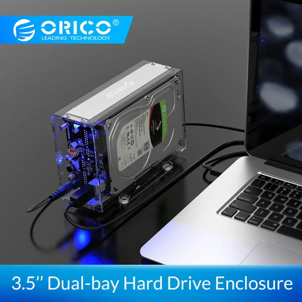 Дешево ORICO 3,5 дюйма 2 отсека жесткий диск корпус прозрачный SATA для USB3.0 type B коробка чехол на HDD с держателем 12V3A адаптер питания
