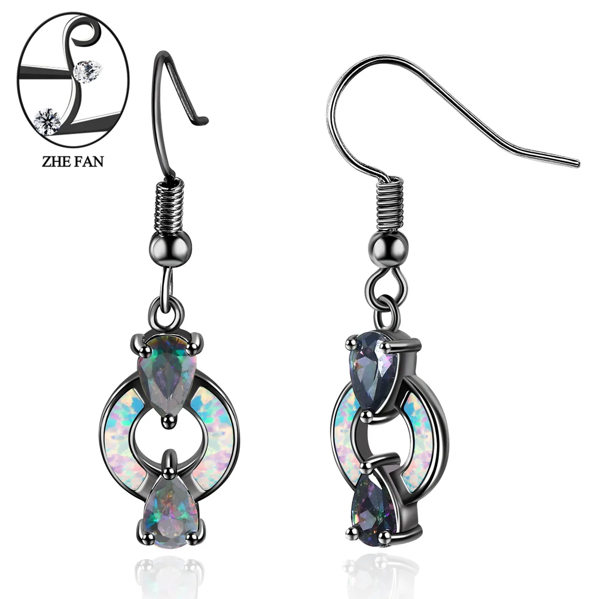 

ZHE FAN White Fire Opal Vintage Earrings Water Drop Rainbow Synthetic Quartz Crystal Jewelry For Women Mysterious Christmas Gift