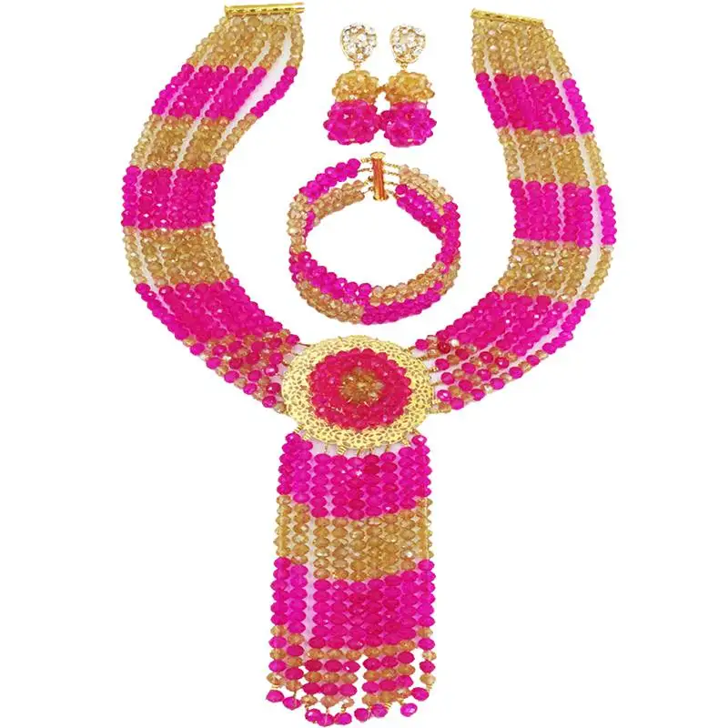 

National Style Fuchsia Pink Champagne Gold AB Crystal Necklace Women Engagement Jewelry Sets 6C-ZPHLS-09