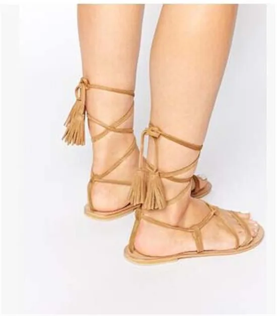 Fashion Brown Black Suede Ankle Tie Flat Sandals Lace Up Fringe Gladiator Sandals Women Boots Shoes Woman Botas Sandalias Mujer (6)