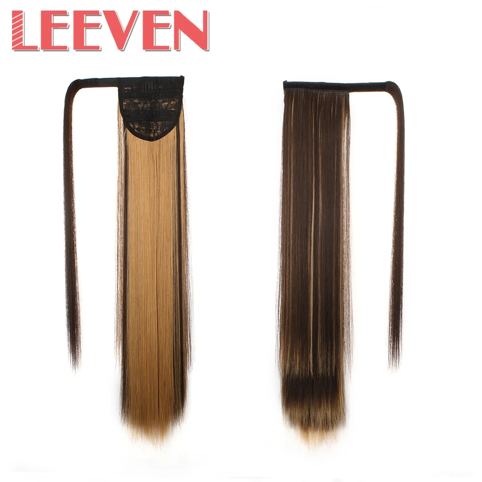 Leeven 24" Synthetic Straight Fake Hair Pieces Blonde To Brown Ponytail Clip in hair pony tail extension High Temperature Fiber