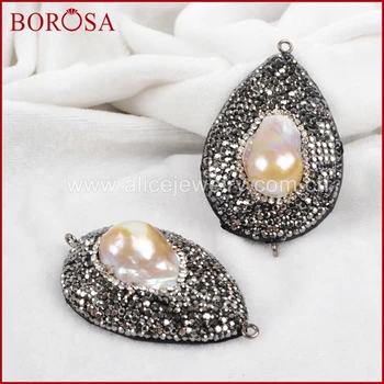 

BOROSA 6PCS Druzy Connector for Bracelet Natural Pearl Drop Snake Skin Connector Rhinestone Pave Double Bails JAB565