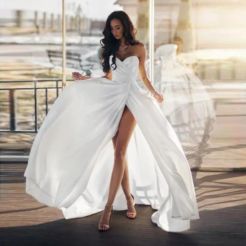 

2019 New Arrival Simple White A Line Pleated Satin Long Beach Wedding Party Dresses Sexy High Slit Bridal Gown Summer Custom