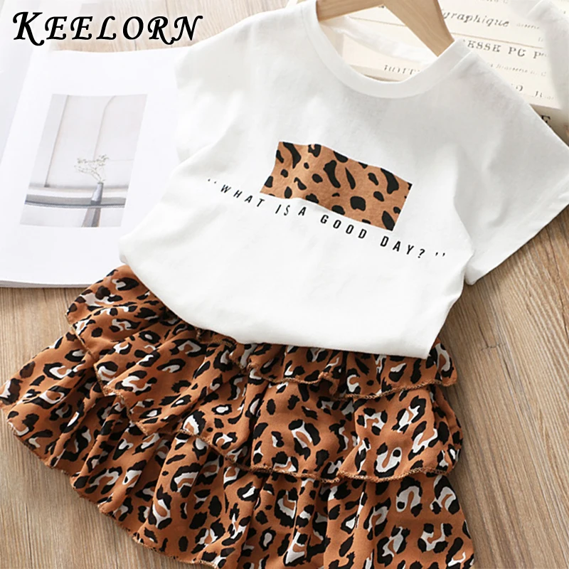 

Keelorn Girls Clothes Set New Spring Summer White Shirt with Leopard Cake Dress 2PCS Suit Kids Basic Casual Cotton Clothing Suit
