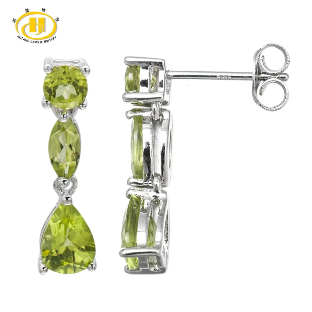 

HUTANG Trendy Solid 925 Sterling Silver Earrings Natural Peridot Dangle Earrings Female Fine Jewelry Earring For Women Gift