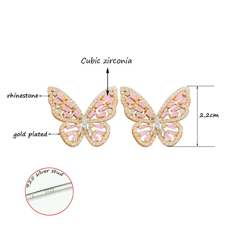 SINLEERY бабочка пустотелые серьги гвоздики Золотой Серебряный цвет розовый белый кристалл цепочки из кубического циркония серьги ювелирные изделия CZ077 SSH