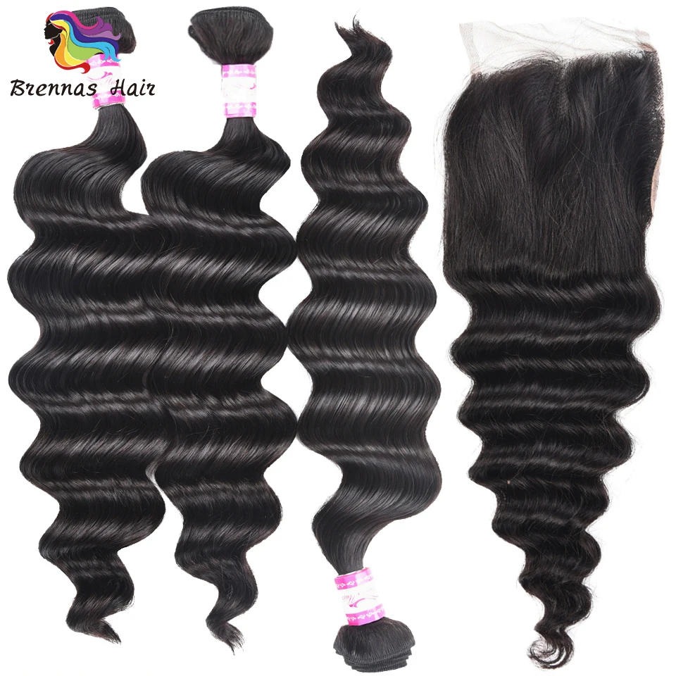 

Free tangling 3pcs bundles with a 4*4 lace closure 100% Peruvian loose Wave Human Hair Bundles natural black color for women