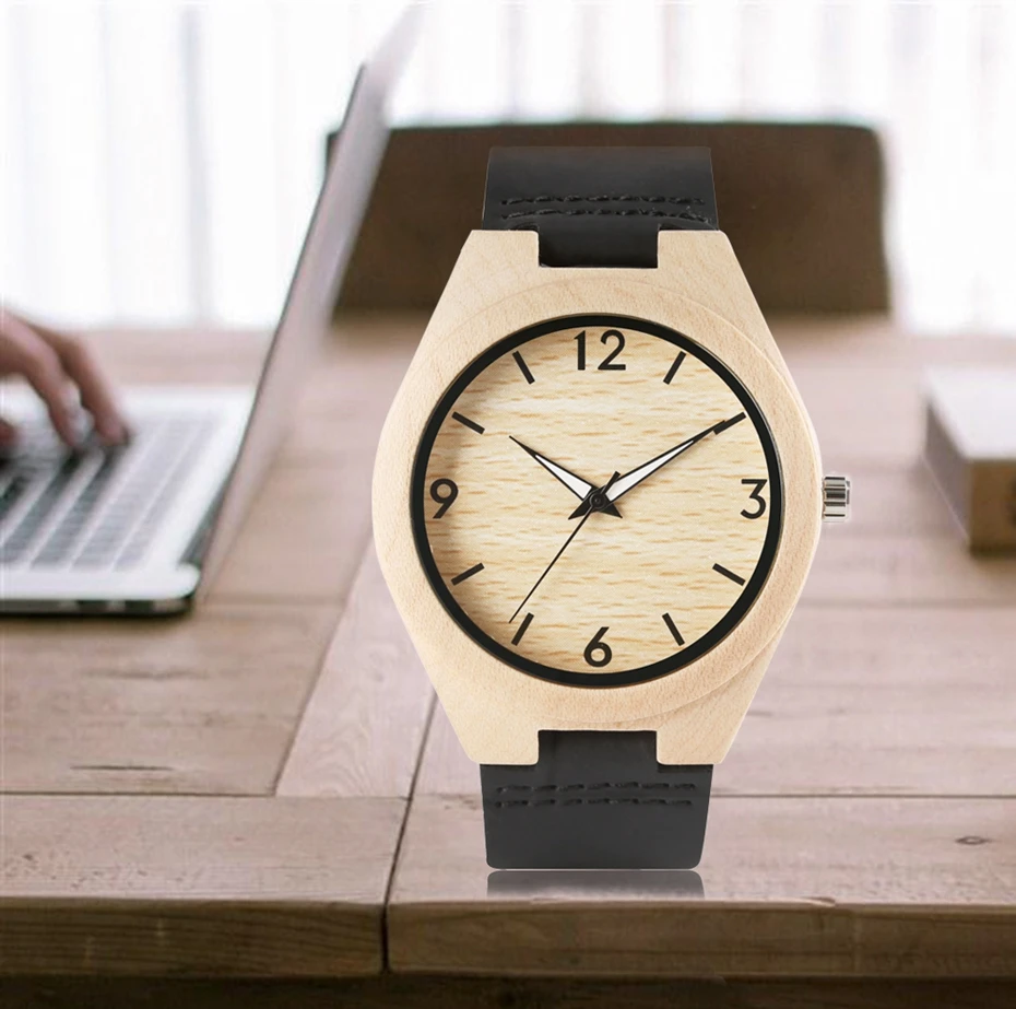Wooden Watch Modern Trendy Mens Women Sport Watch Natural Bamboo Simple Analog Wood Quartz Hour Clock Genuine Leather Band Strap 2017 (38)