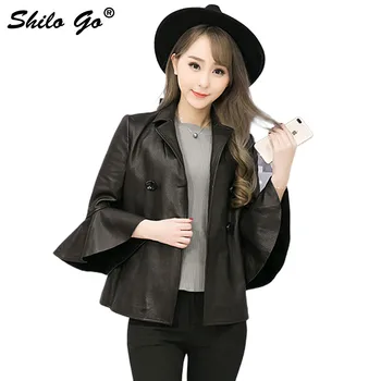 

SHILO GO Leather Jacket Womens Autumn Fashion sheepskin genuine leather Jacket lapel Flare Sleeve double breasted leather coat