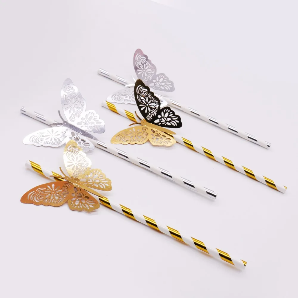 25pcs gold silver Striped Straw and 3D PVC butterfly for Romantic Wedding Party Decoration DIY birthday party bar Decoration