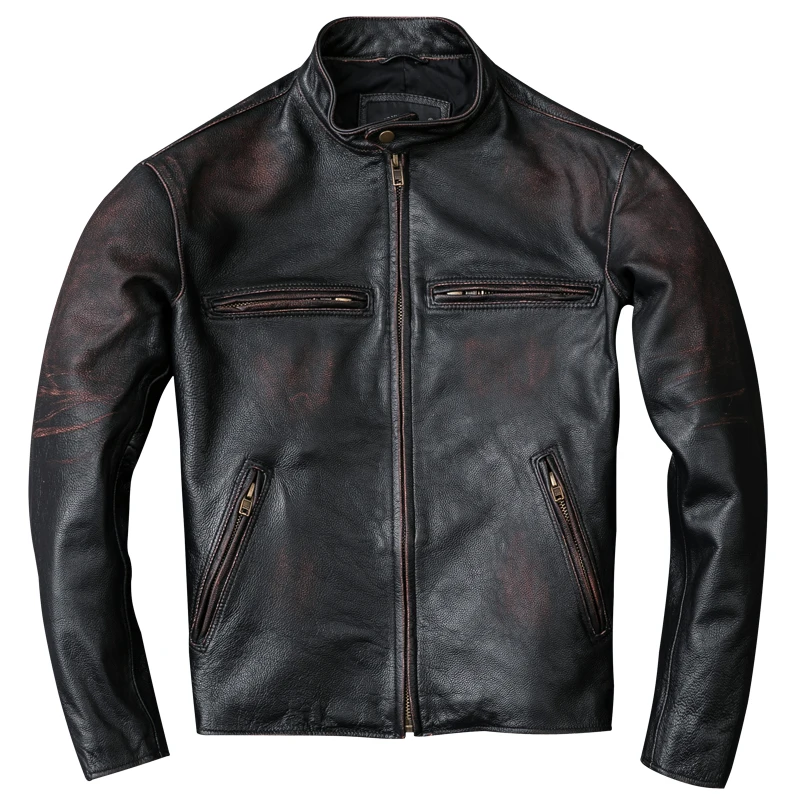 

HARLEY DAMSON Vintage Black Men Biker's Leather Jacket Plus Size XXXL Genuine Cowhide Russian Spring Slim Fit Leather Coat