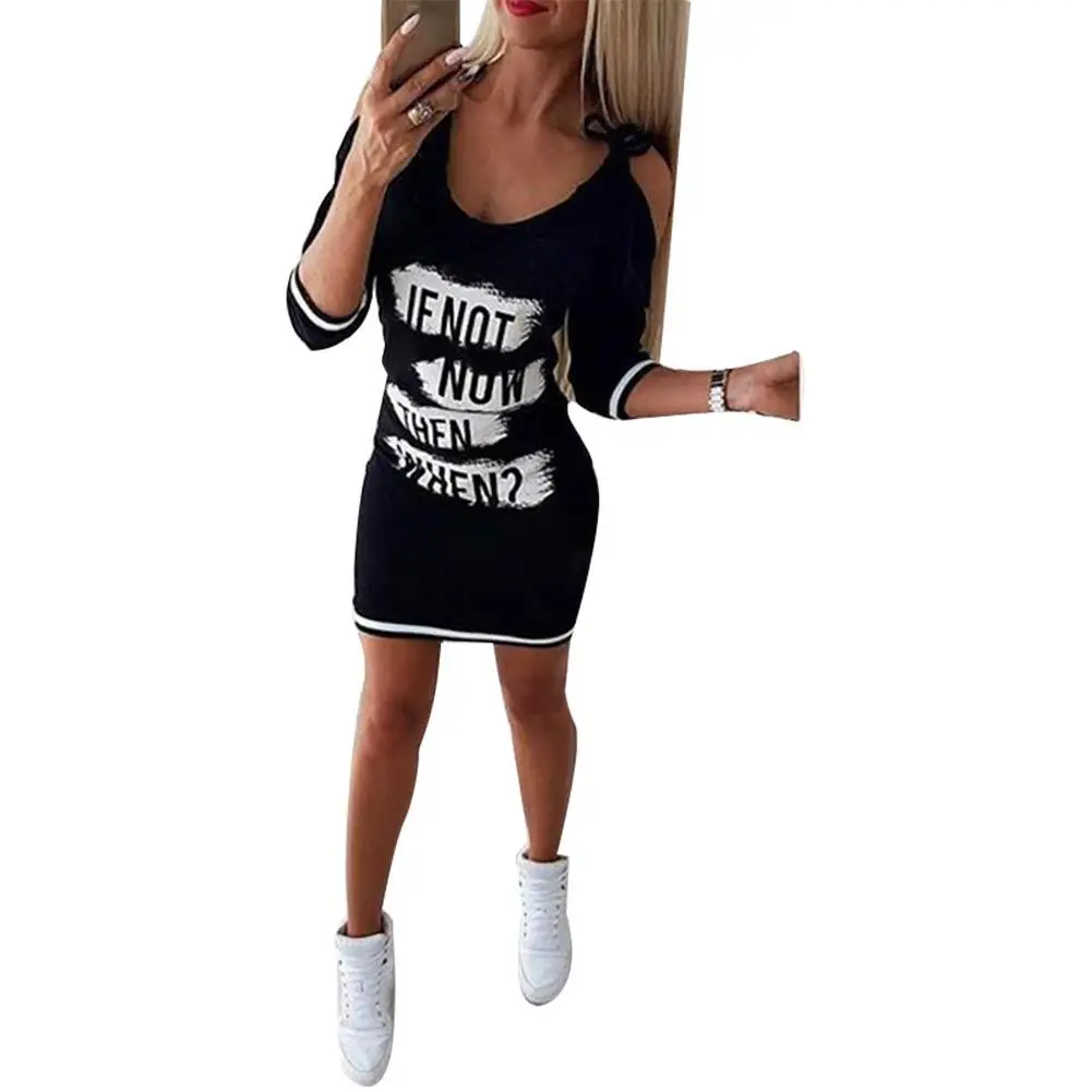 

Casual Women Letter Print Cold Shoulder Long Sleeve Slim Fit Bodycon Mini Dress 2019