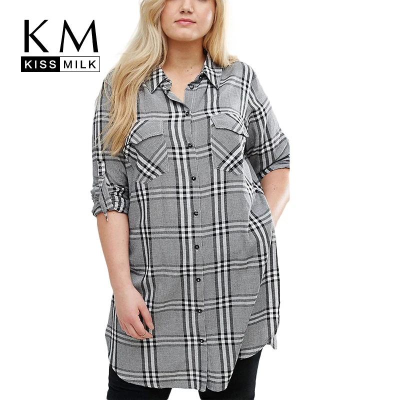 Meilleur Kissmilk Plus La Taille Casual Femmes Shirt Vintage Plaid Long Turn down Col de Chemise Femelle Simple Noir Oversize Lady Chemise