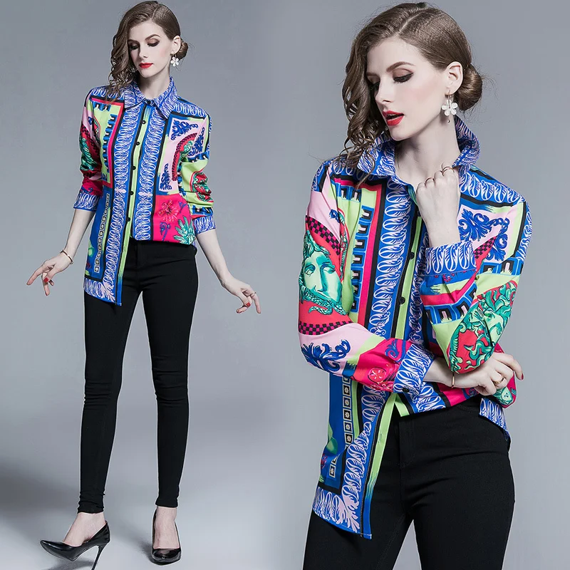 

New 2019 Spring Summer Fall Runway Floral Print Collar Long Sleeve OL Turn-Down Neck Womens Party Casual Top Shirts Blouse
