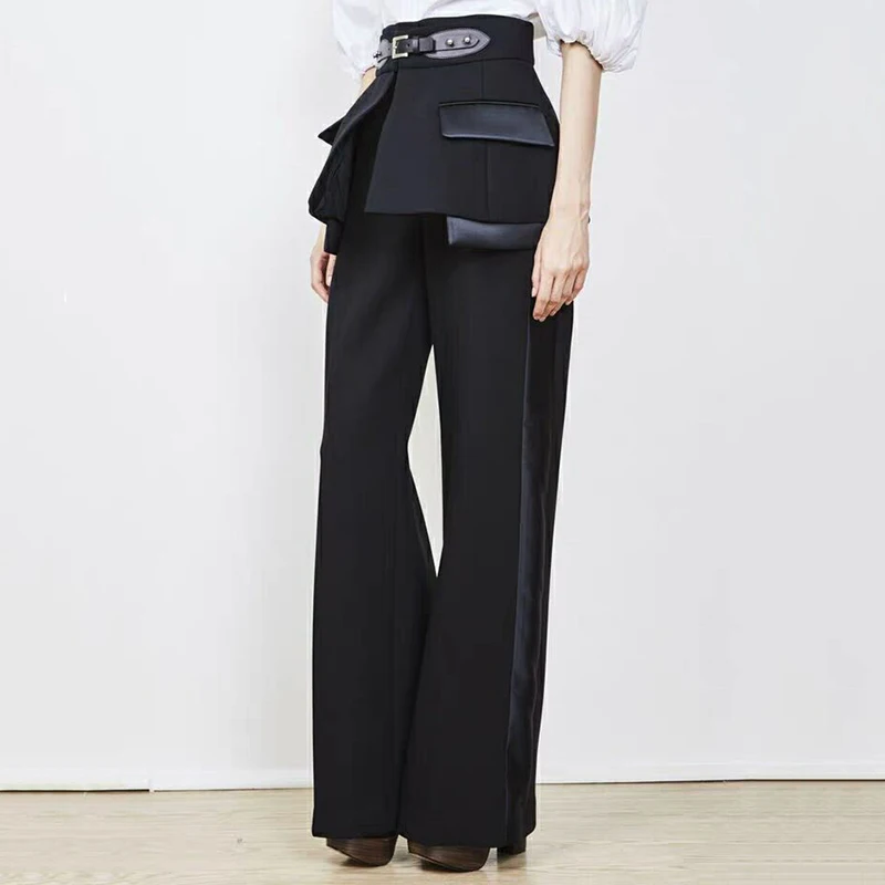 

[EAM] 2019 New Spring Summer High Waist Side Striped Buckle Split Joint Wide Leg Loose Pants Women Trousers Fashion Tide JR852