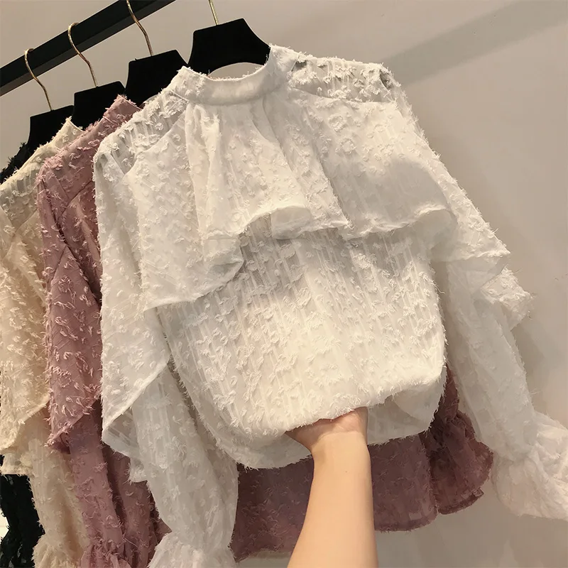 Fall New Women Blending Ruffle Loose Pullover Shirts Ladies Fur Polka Dot Puff Sleeves Blouse Suits Female Stand Collar Tops