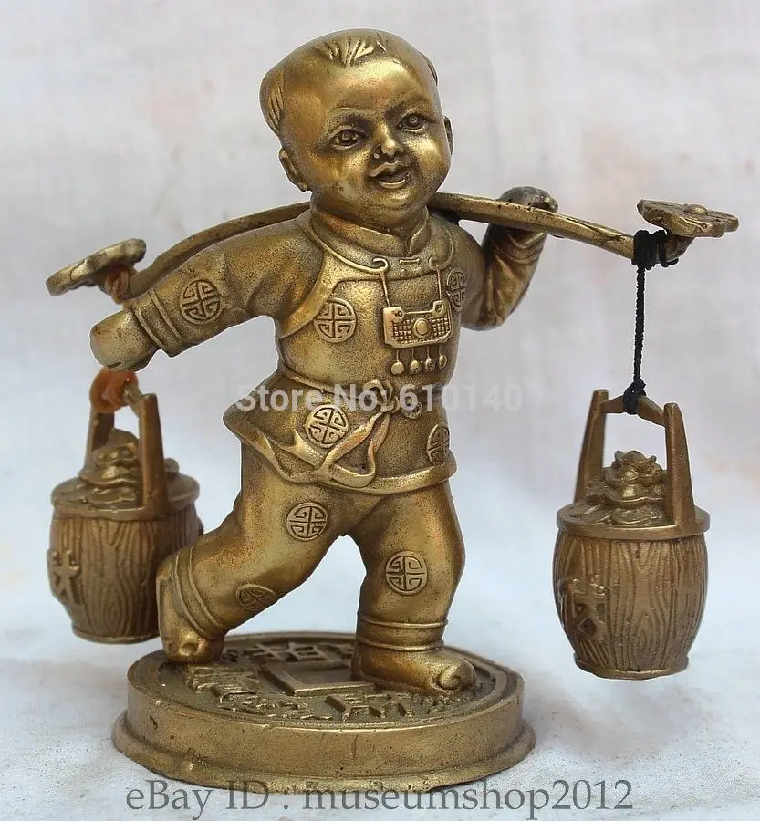 

7" Chinese Fengshui Brass Money Wealth Rich Fu Boy Kid Ruyi carry a load Statue