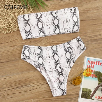 

COLROVIE White Snakeskin Print Bandeau Top With High Waist Swimwear Women Bikini Set 2019 Wireless Swimsuit Beach Bathing Suit