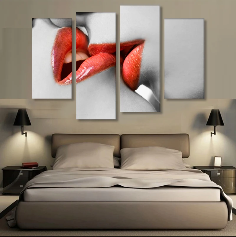 4 Panels Red Kiss Love Canvas Wall Art Home Decorative color our world