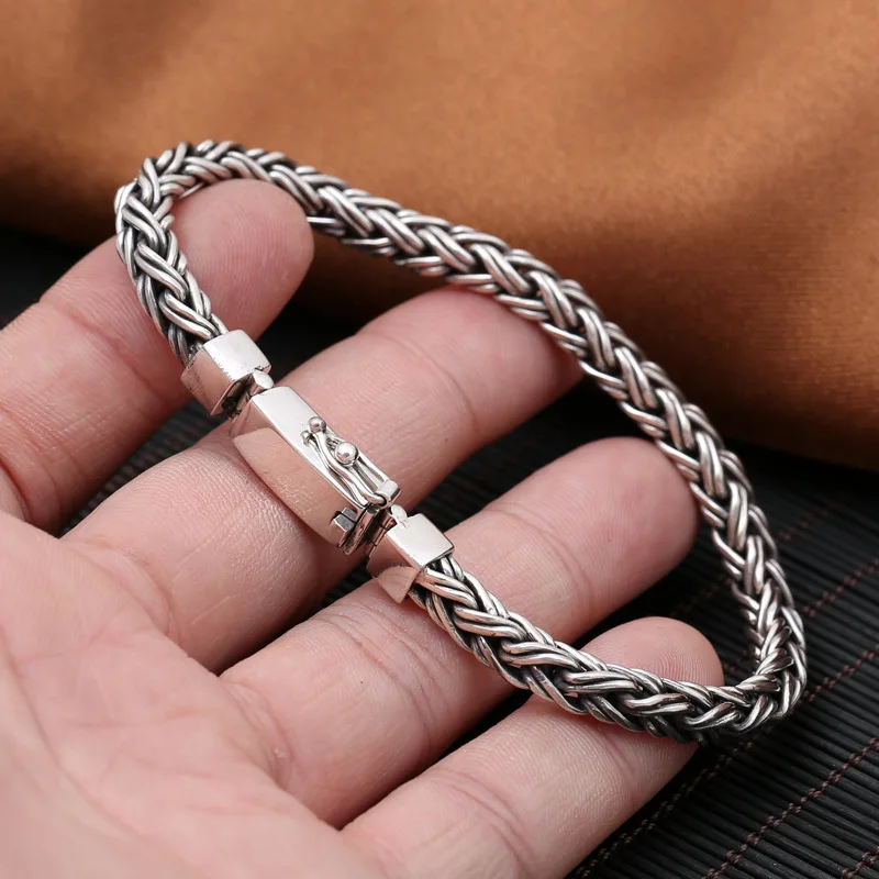 

S925 silver jewelry wholesale fashion personality simple men cross woven pattern rectangular buckle bracelet bracelet