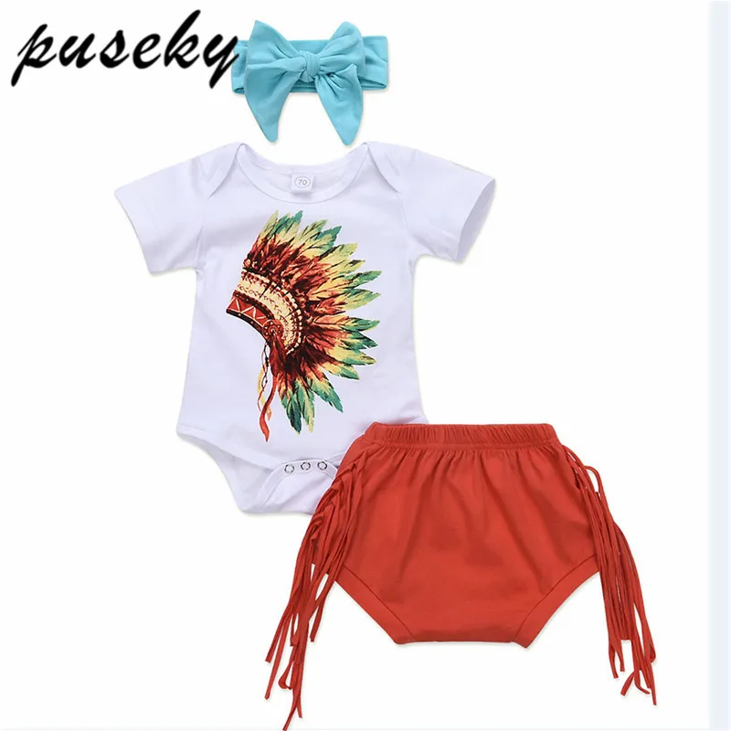 Puseky Infant Baby Girls Feather Clothes Outfits 3Pcs Newborn Romper