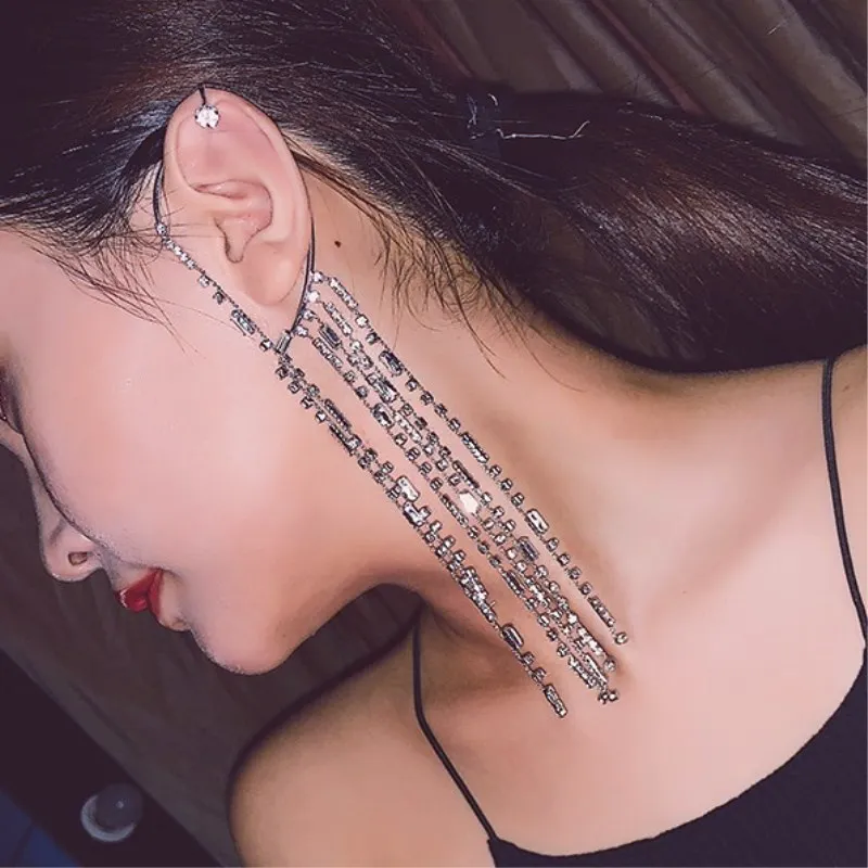

Luxury tassel super long rhinestone earrings retro evening dress ladies temperament exaggerated left ear single ear hook 1043