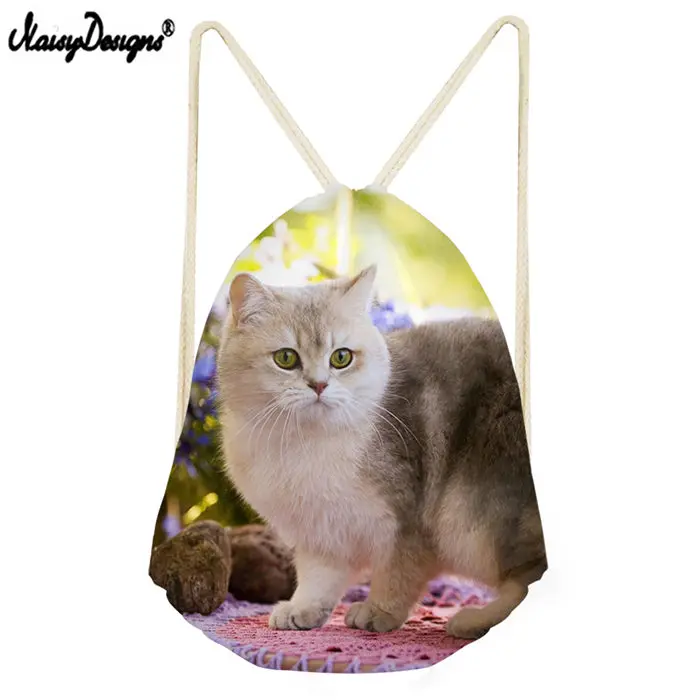 Новый мешочек с кулиской для женщин логотип для обувь девочек подростков шнурок рюкзак 3D кошка печати Bagback Off White сумка