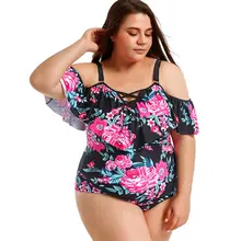 Floral one piece swimsuit plus size off shoulder swimwear ruffle maillot large sizes swimwear one piece ruffled swimsuits