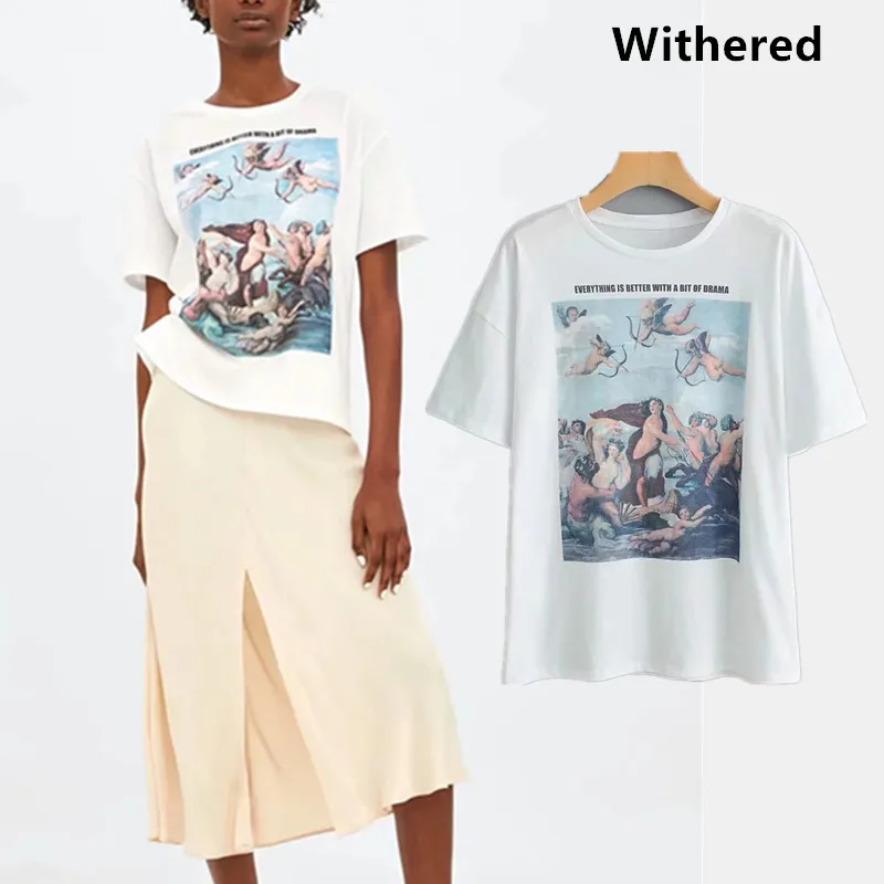 

Withered 2019 t-shirt women england style print Oil Painting angel o-neck cotton 100% t shirt women tops plus size