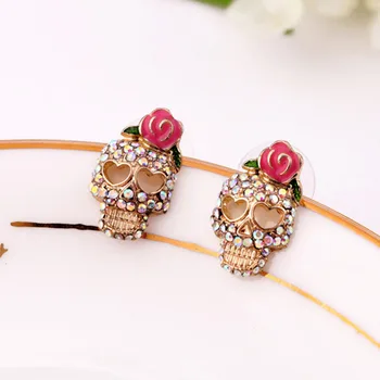 

Women New Fashion Roses Skull Head Brincos Oorbellen Colored Crystal Stud Earrings Women Jewelry