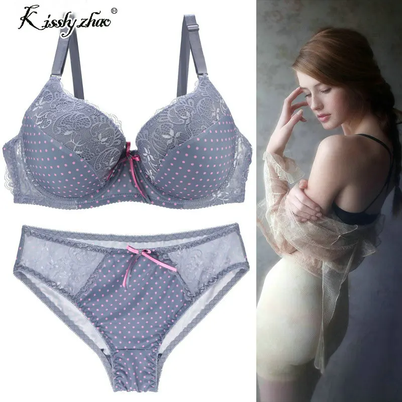 Lady Sexy Women Bra Set Plus size Floral Dot Lace Bralette Briefs Set Elegant Thin cup Bra Underwear Women Lingerie Set