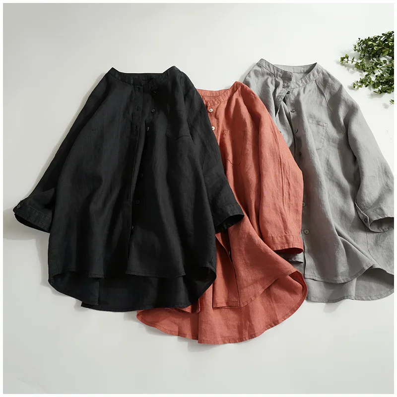 

Spring Autumn Women Loose Plus Size All-match Stand Collar Soft Comfortable 17*21 Linen Shirts Sunscreen