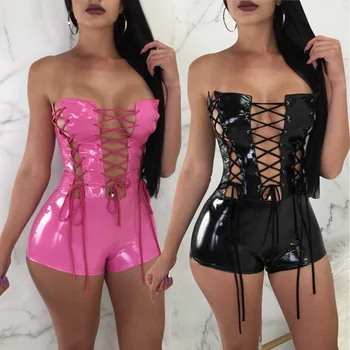 

Sexy Off Shoulder Lace up Pu Leather Jumpsuit Womens Punk Sleeveless Lace Up PU Leather Rompers Club Party Jumpsuit