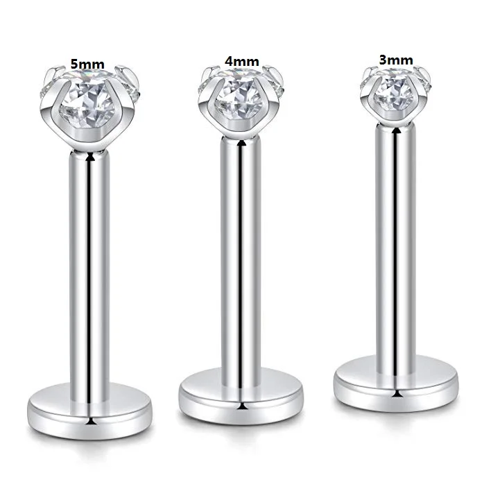 

3 Pcs Silver Round Lip Ring Zircon Anodized Internally Threaded Prong Gem Monroe 16G Tragus Helix Ear Piercing Earring Women