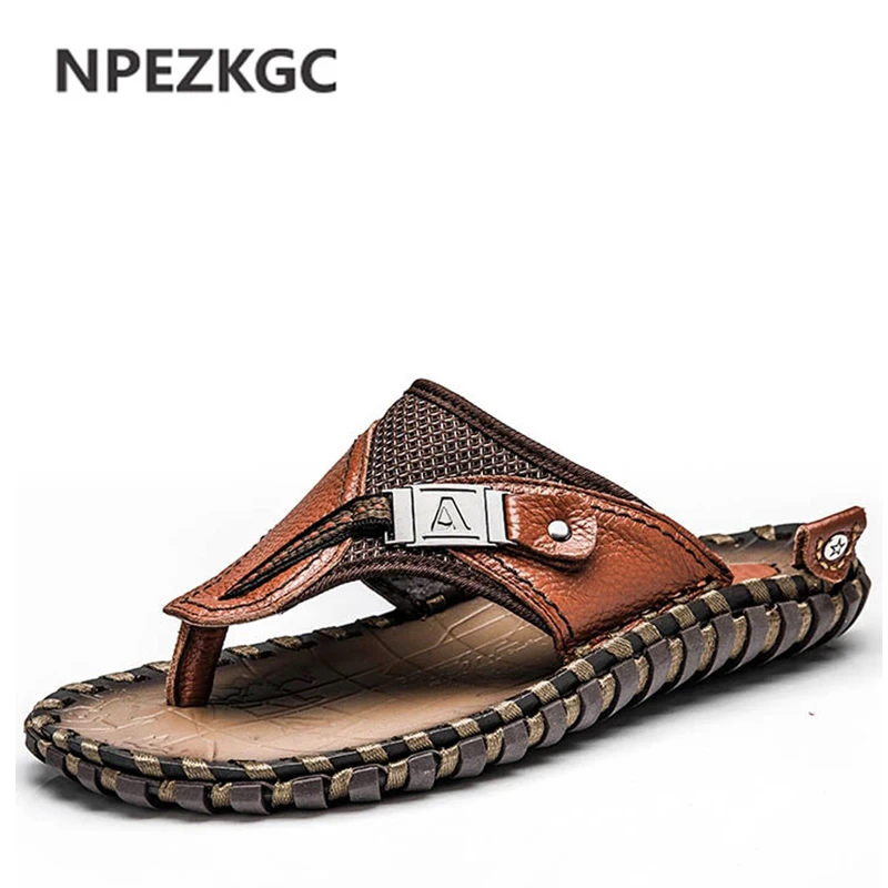 

NPEZKGC Brand Genuine Leather Summer Men Slippers Beach Sandals Comfort Men Casual Shoe Fashion Men Big Size 38-47 Drop Shipping